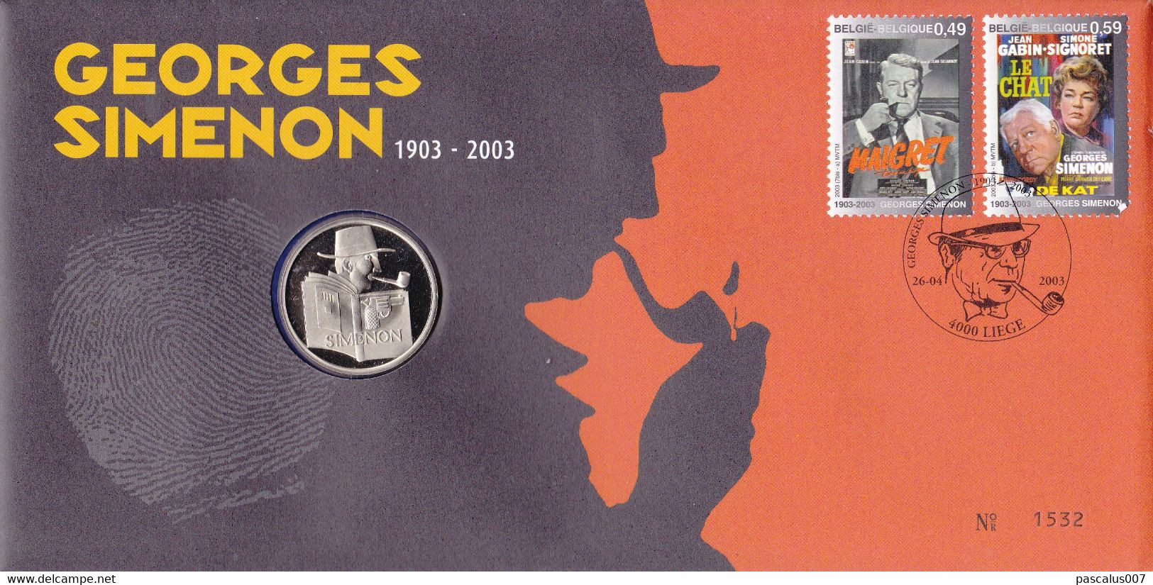 15 3167 3168 NS FDC 1532  Belgique  Numisletter  Ecrivain Georges Simenon 1903 1989 Jean Gabin Maigret 4000 Liège 26-4-2 - Numisletter