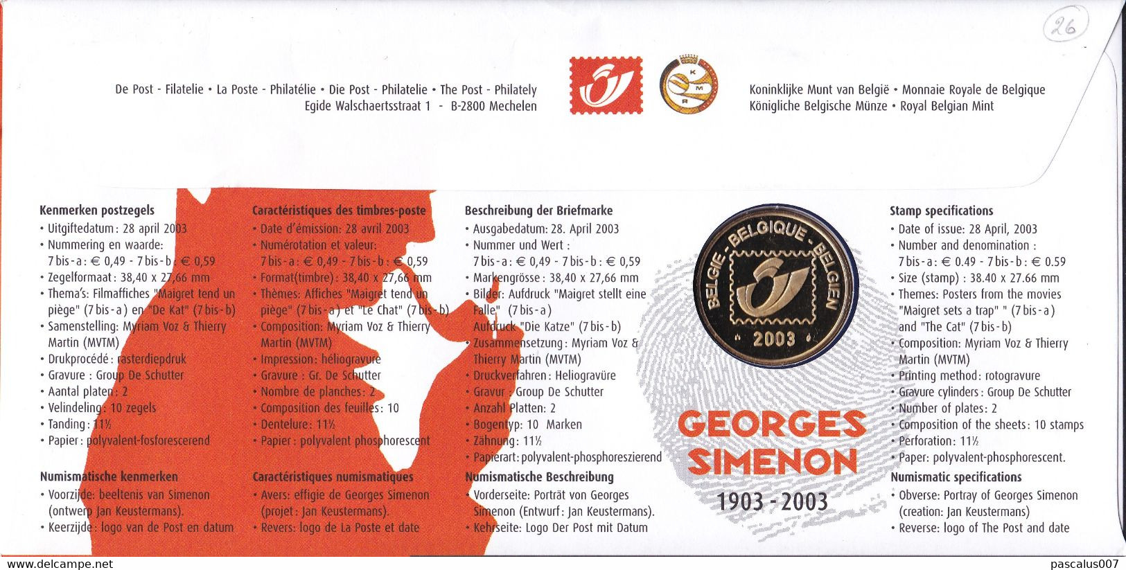 15 3167 3168 NS FDC 1532  Belgique  Numisletter  Ecrivain Georges Simenon 1903 1989 Jean Gabin Maigret 4000 Liège 26-4-2 - Numisletter