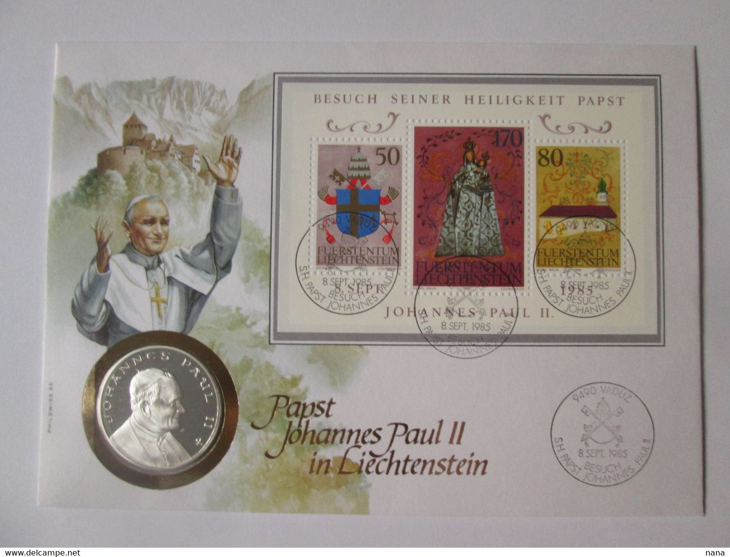 The Pope Johannes Paul II In Liechtenstein 1985 Envelope With Silver Commemorative Medal 999.9 Limited Edition 4000 Pc. - Lettres & Documents