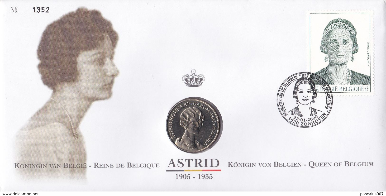 15 2879  NS FDC 1352  Belgique  Numisletter  Royal Dynastie Couronne Reine Astrid 3520 Zonhoven 22-1-2000 - Numisletter