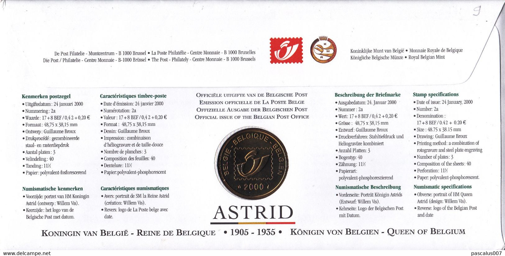 15 2879  NS FDC 1352  Belgique  Numisletter  Royal Dynastie Couronne Reine Astrid 3520 Zonhoven 22-1-2000 - Numisletter