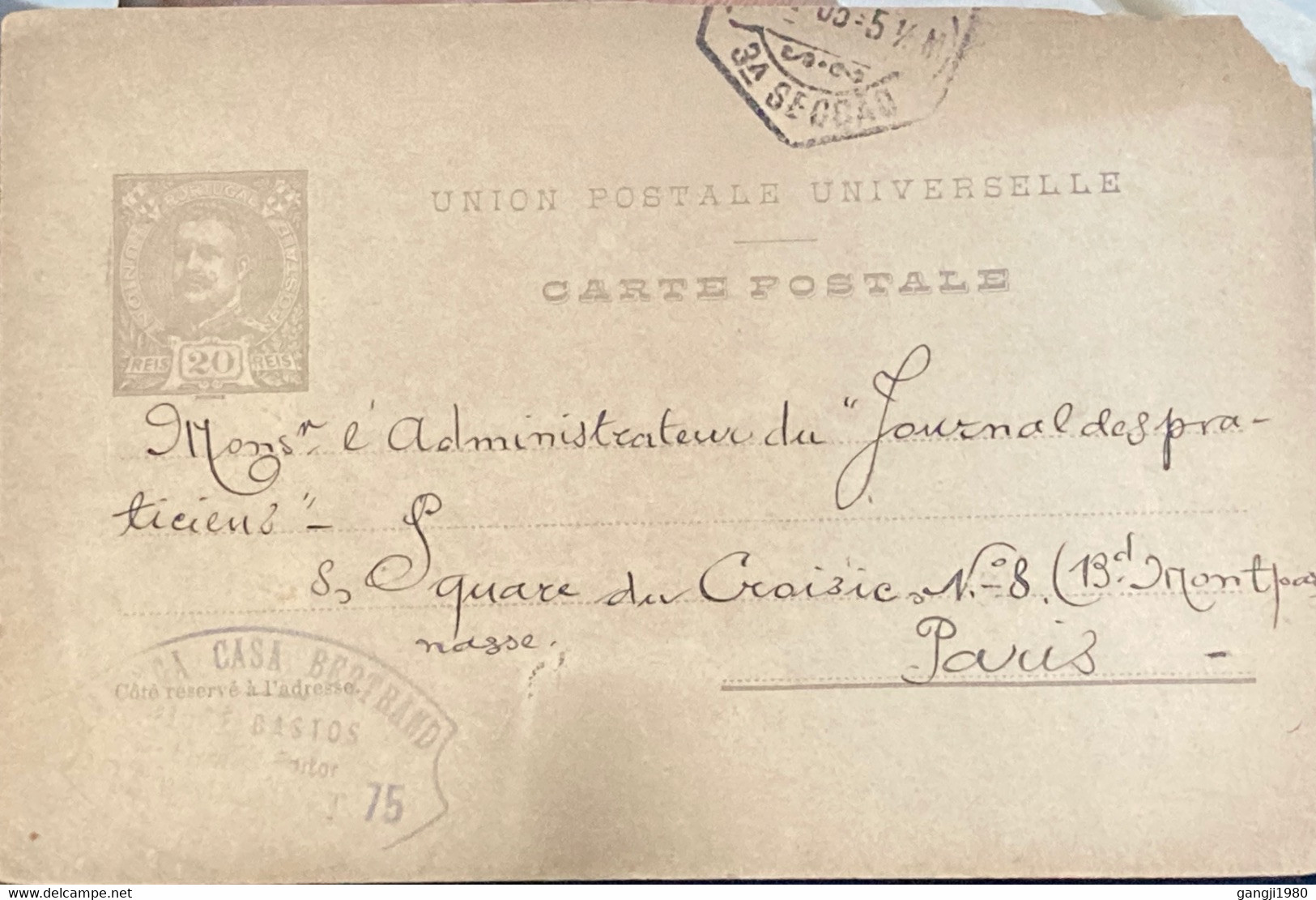 PORTUGAL 1905, STATIONERY CARD, KING CARLOS ,USED TO PARIS FRANCE - Covers & Documents