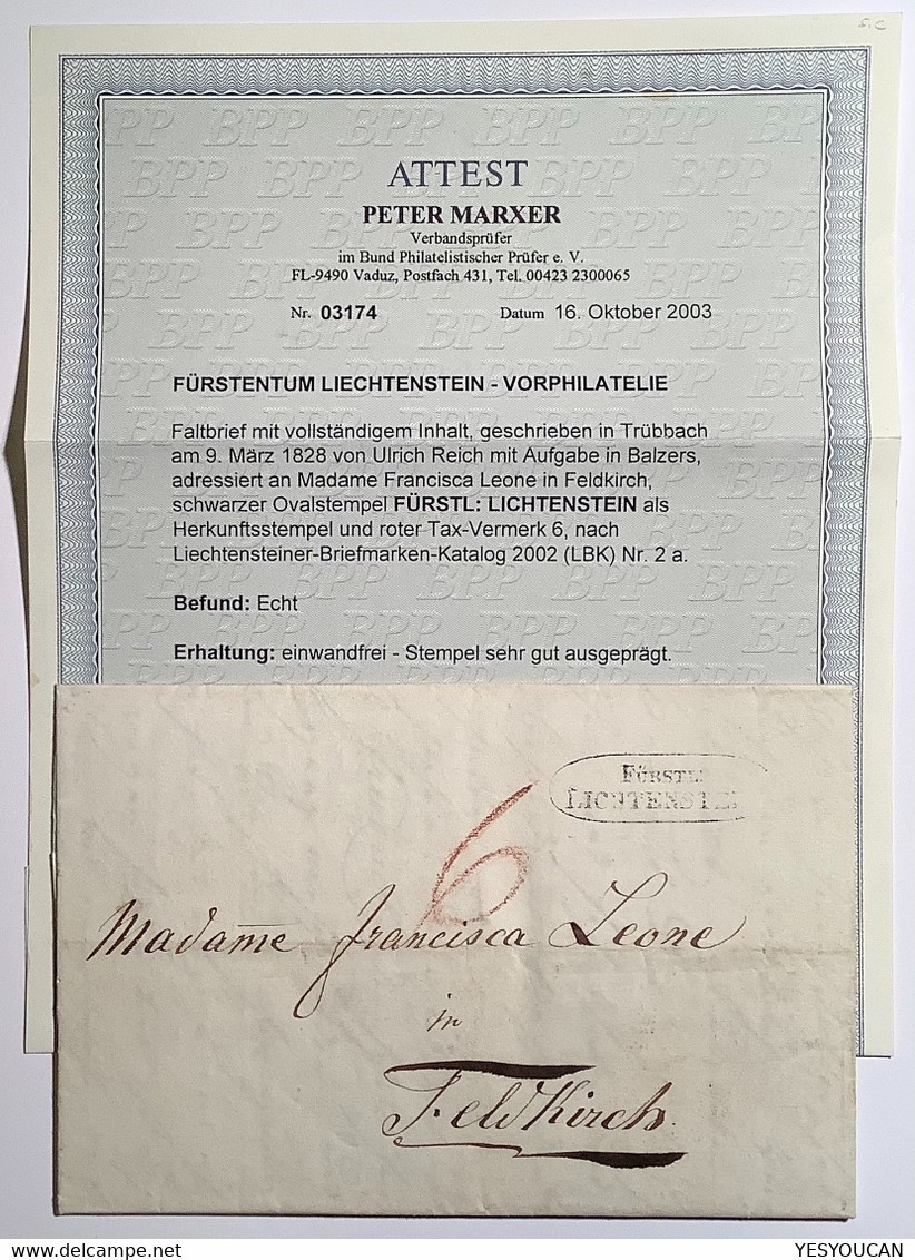 Fürstentum Liechtenstein Vorphilatelie RARITÄT 1828 Balzers Brief Nach Feldkirch, Österreich Attest Marxer (prephilately - ...-1912 Prephilately