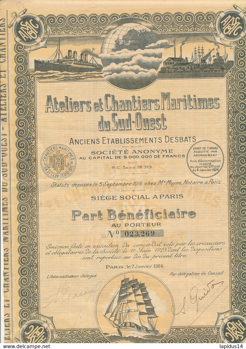 ATELIERS ET CHANTIERS MARITIMES DU SUD-OUEST PART BENEFICIAIRE  AU PORTEUR   1924- 15 COUPONS - Navigation