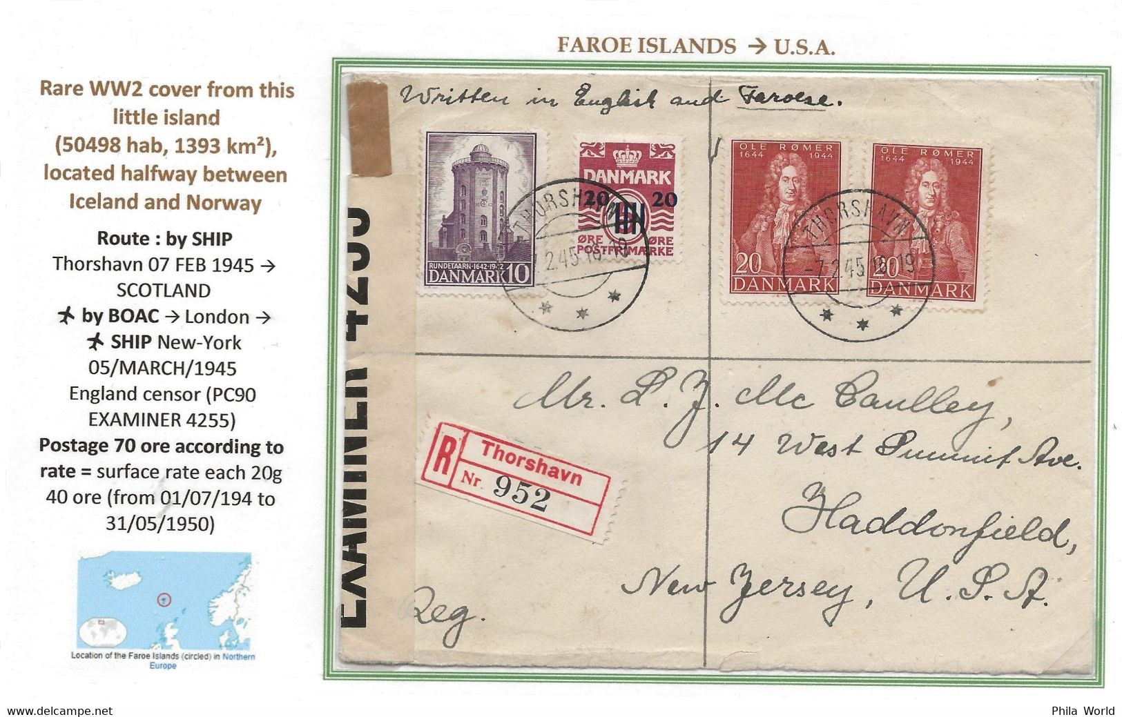 WW2 FAROE Islands 1945 FEROE Cover To USA THORSHAVN > Scotland > London > New-York ENGLAND CENSOR EXAMINER 4255 - Faroe Islands