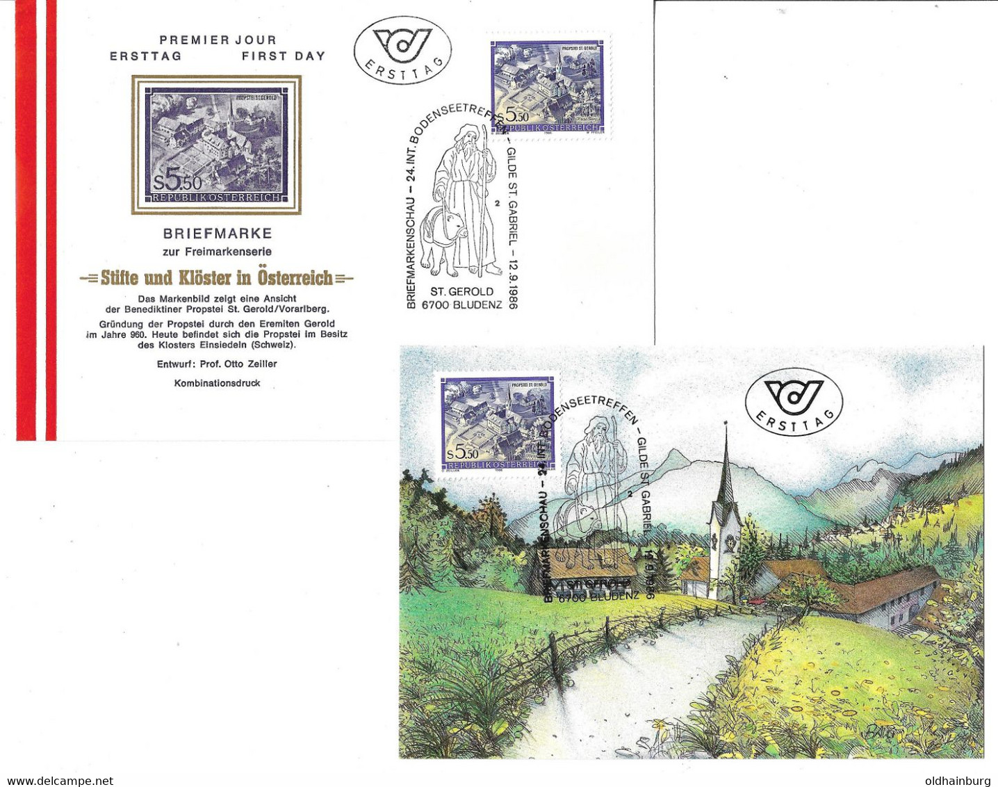 2238u: Österreich 1986, Freimarke "Stifte & Klöster" Probstei St. Gerold Bludenz 5,50 ÖS Freimarke FDC/ MK - Bludenz