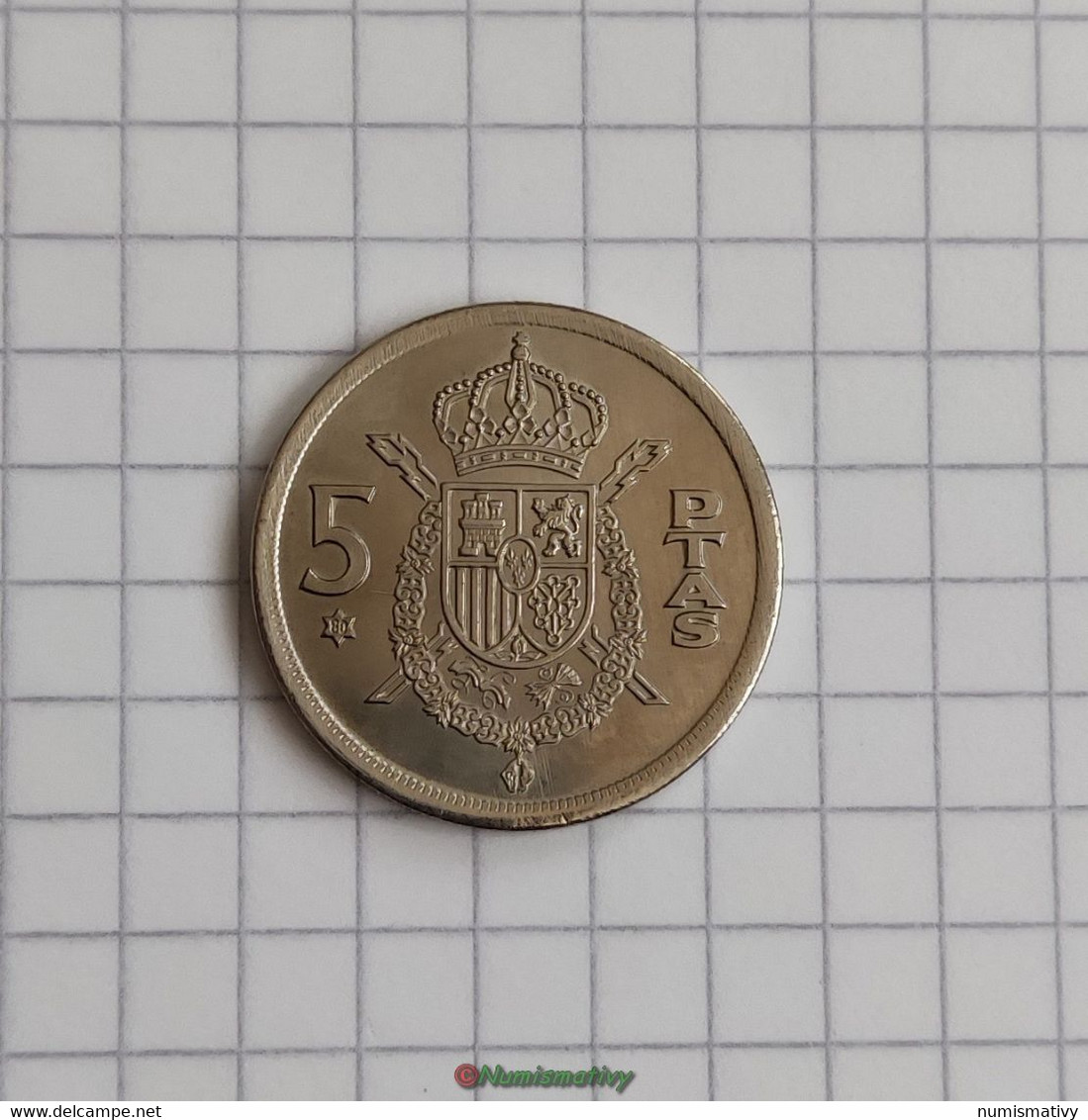 Fauté 5 / 1 Peseta Espagne 1975 1980 Hybride Error Mint Struck Mule Defecto ACUÑACION Cospel -  Essais Et Refrappes