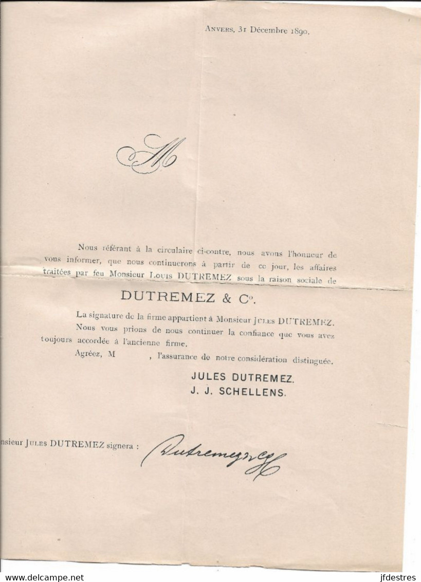 Lettres Circulaires Avec Signatures Manuscrites Changements Dans La Firme Dutremez , Anvers, Agents De Change 1890-1892 - 1800 – 1899
