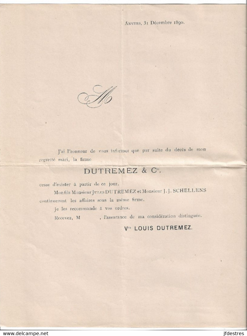 Lettres Circulaires Avec Signatures Manuscrites Changements Dans La Firme Dutremez , Anvers, Agents De Change 1890-1892 - 1800 – 1899