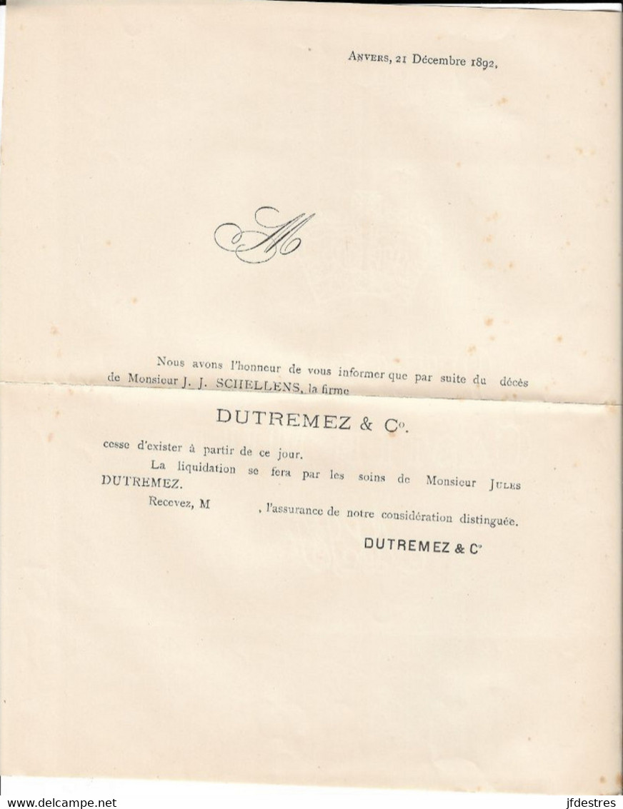 Lettres Circulaires Avec Signatures Manuscrites Changements Dans La Firme Dutremez , Anvers, Agents De Change 1890-1892 - 1800 – 1899