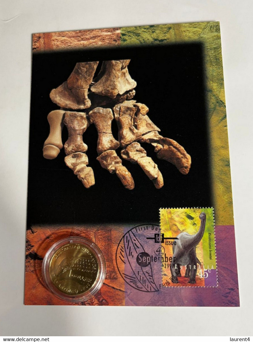 (4 M 27) Australia - Dinosaur (Ancient Australia Wildlife) 1997 Maxicard With 2022 Dinosaur $ 1.00 Coin - Dollar