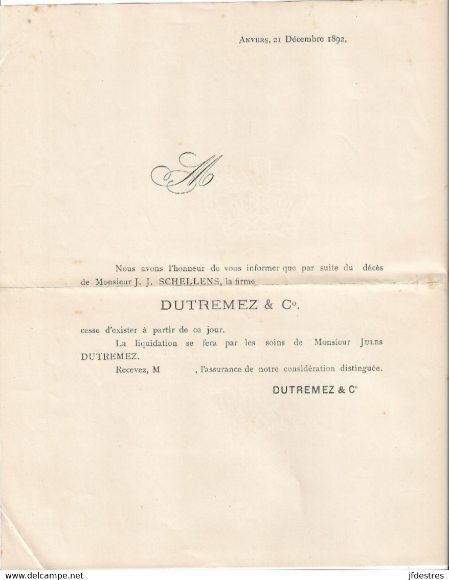 Lettres Circulaires Avec 1 Signature Manuscrits Changements Dans La Firme Dutremez , Anvers, Agents De Change 1890-1892 - 1800 – 1899