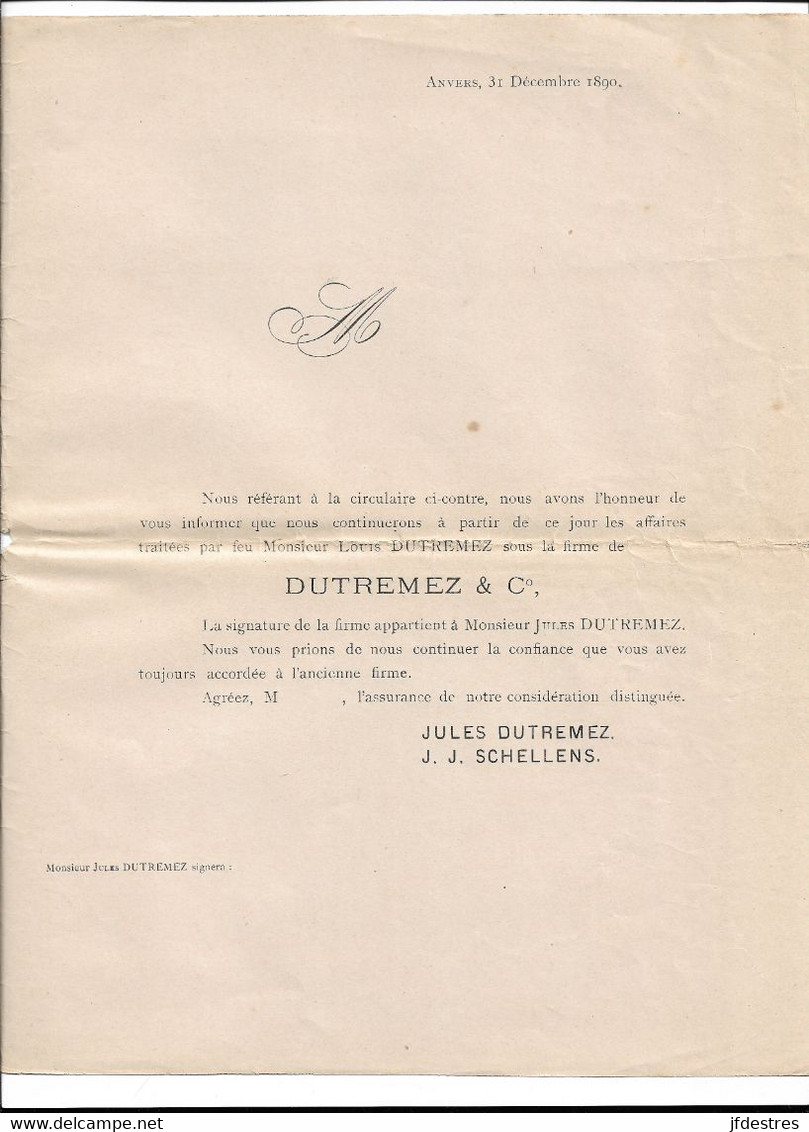 Lettres Circulaires Avec 1 Signature Manuscrits Changements Dans La Firme Dutremez , Anvers, Agents De Change 1890-1892 - 1800 – 1899