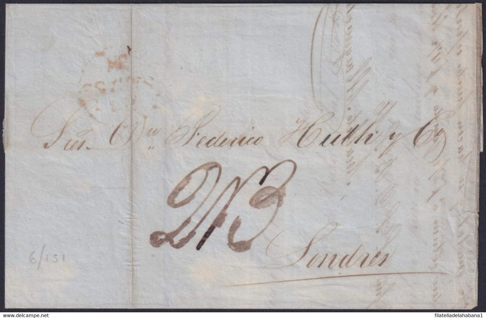 PREFI-790 CUBA 1849 STAMPLESS SANTIAGO DE CUBA BRITISH POSTAL AGENCY COVER TO LONDON. - Préphilatélie