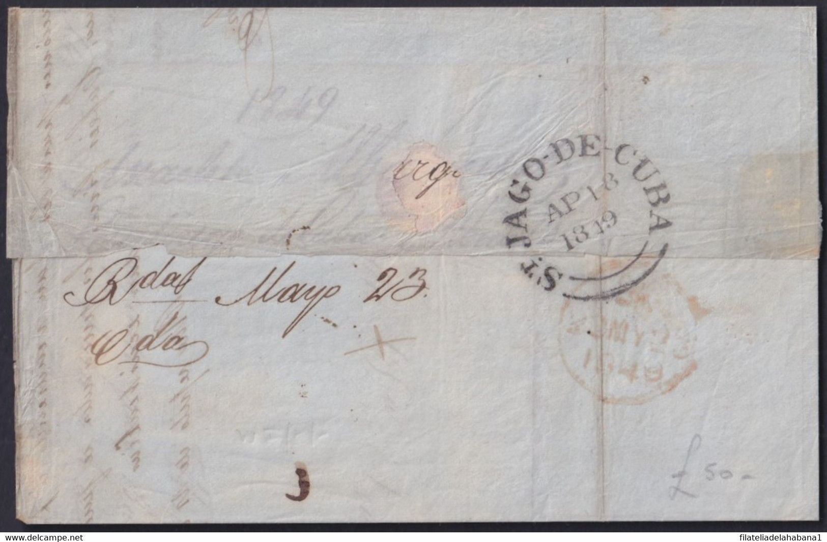 PREFI-790 CUBA 1849 STAMPLESS SANTIAGO DE CUBA BRITISH POSTAL AGENCY COVER TO LONDON. - Prefilatelia