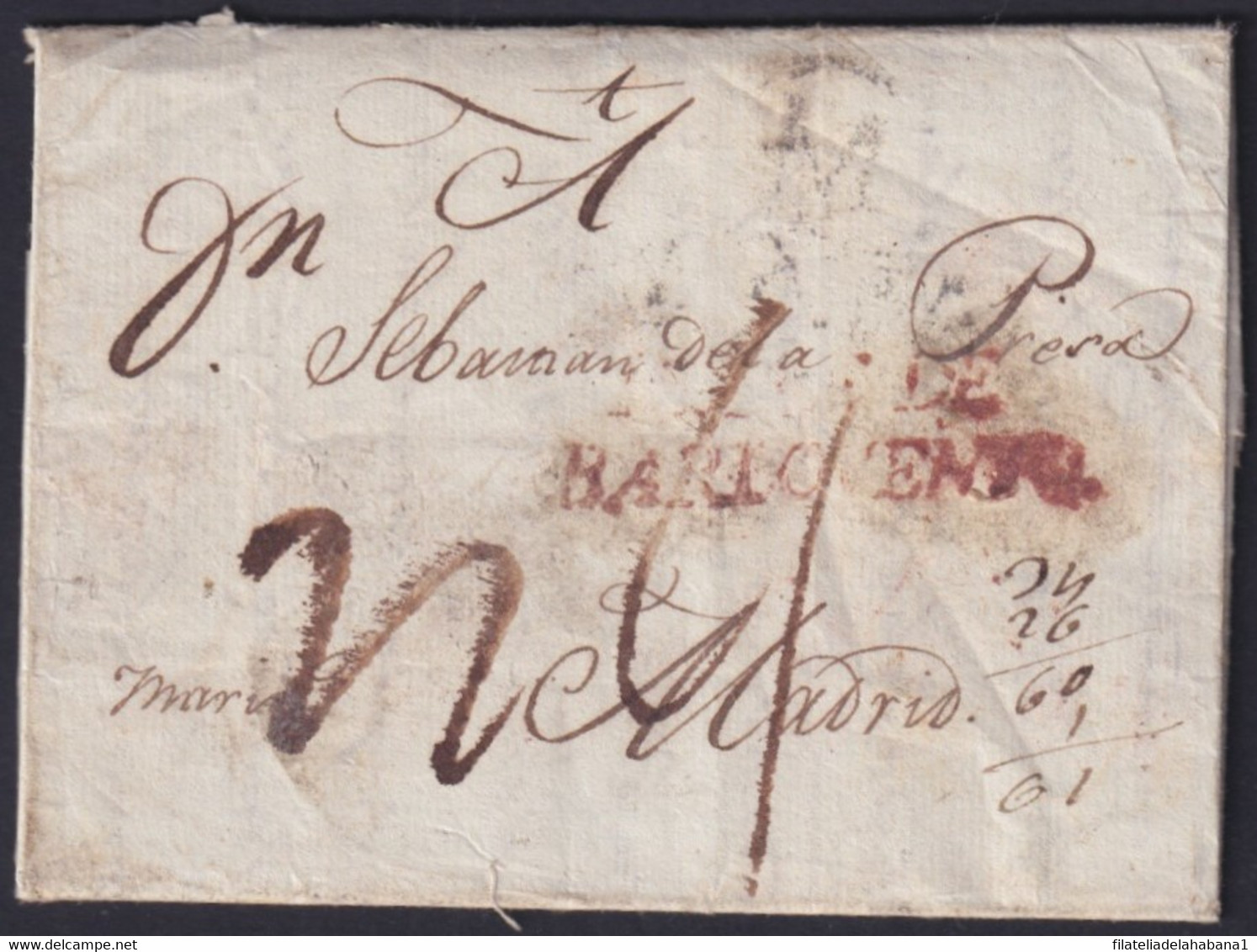 PREFI-792 CUBA 1803 STAMPLESS RED POSTMARK ISLAS DE BARLOVENTO HAVANA – MADRID. - Prefilatelia