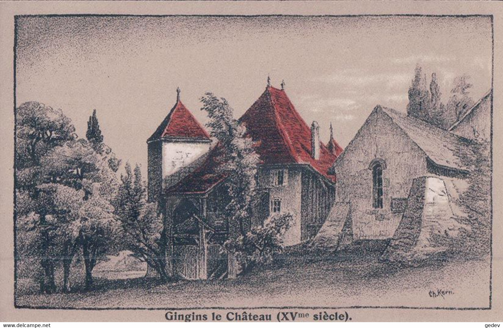 Gingins, Le Château Vaudois, Dessin De Ch. Kern, Litho (303) - Gingins