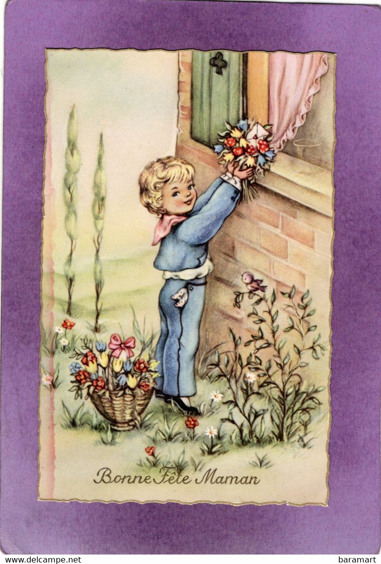 Bonne Fête Maman    Enfant Tend Un Joli Bouquet A La Fenêtre Nr 5972 - Fête Des Mères