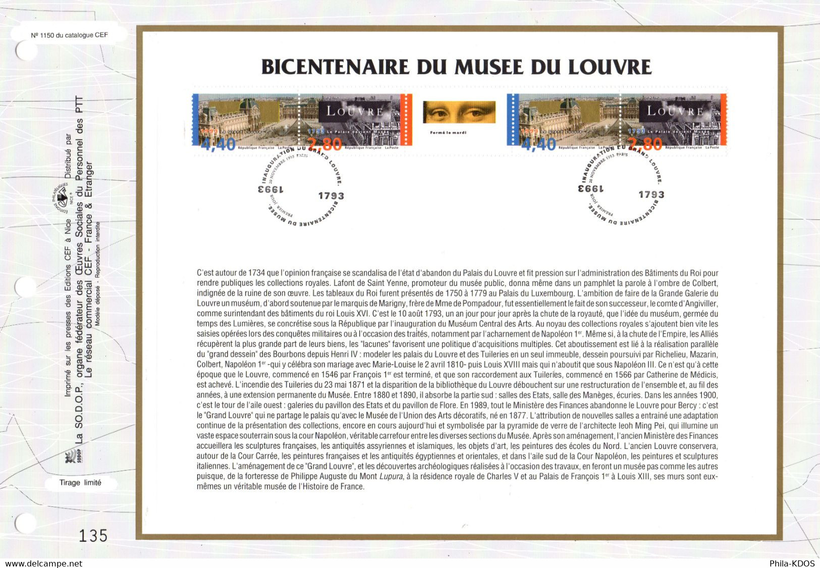 " 200 ANS DU LOUVRE " Sur Feuillet CEF 1er Jour Nté De 1993 N° YT 2852B. Parfait état FDC - Museums