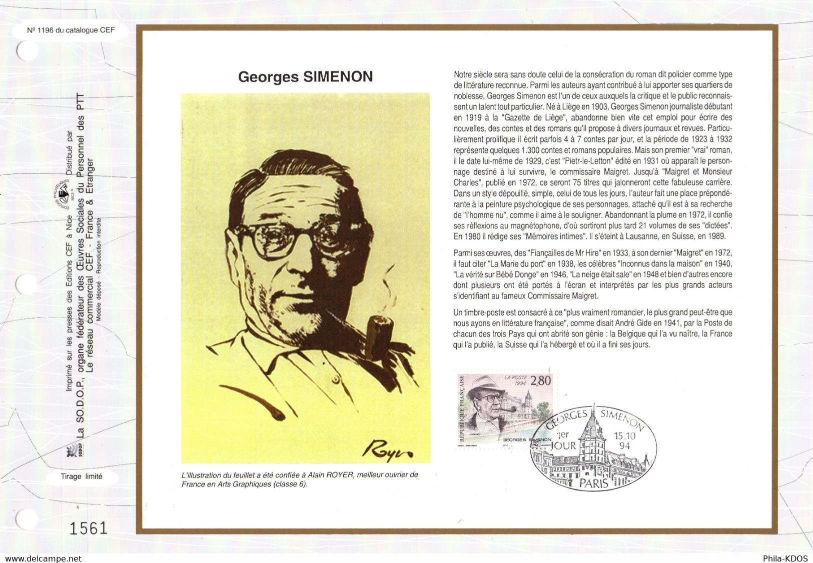 " GEORGES SIMENON " Sur Feuillet CEF Sur Soie De 1994 N° YT 2911. Parfait état. FDC - Ecrivains