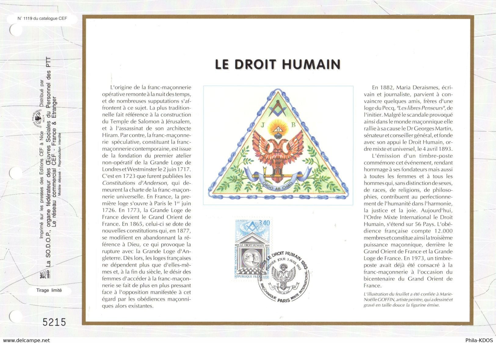 " 100 ANS DU DROIT HUMAIN / ORDRE MACONNIQUE MIXTE INTERNATIONAL " Sur Feuillet CEF 1er Jour De 1993 N°YT 2796 FDC - Vrijmetselarij