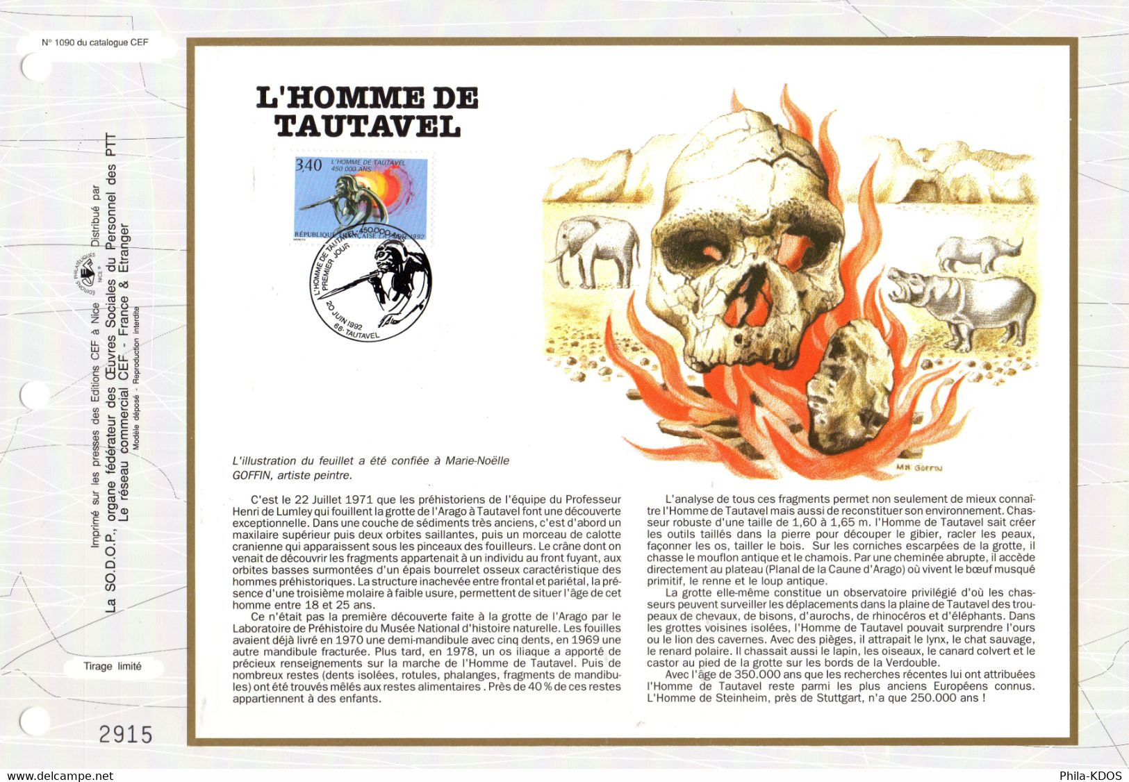 " L'HOMME DE TAUTAVEL " Sur Feuillet CEF 1er Jour De 1992 N° YT 2759 FDC - Préhistoire