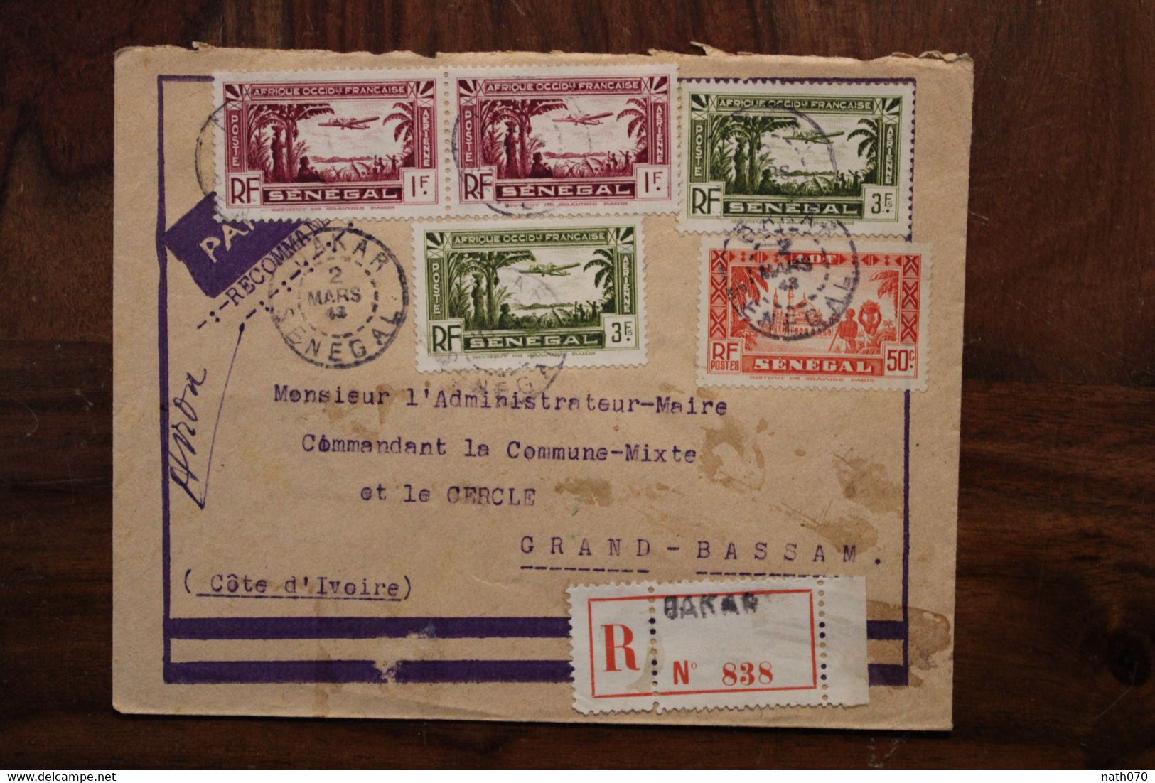 1943 Sénégal France Pour Administrateur Maire Cercle Commune Grand Bassam Cover AOF Colonie Recommandé Registered Reco R - Briefe U. Dokumente