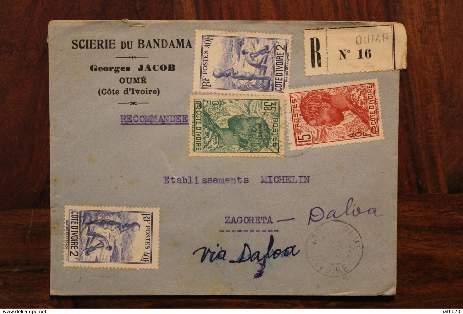 1930's Oumé Zagoreta Daloa Côte D'Ivoire France Cover AOF Scierie Du Bandama Ets Michelin Registered Recommandé Reco R - Covers & Documents