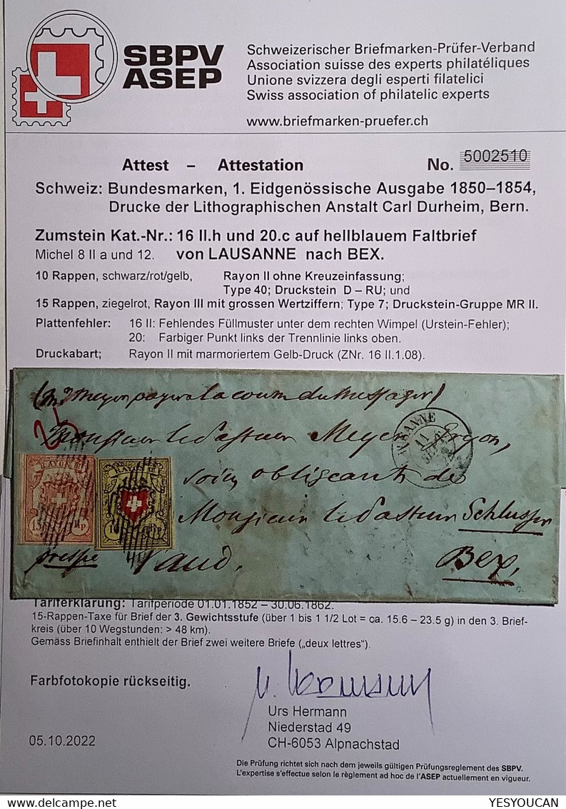 1852, Zst 16+20 SELTENER GRUPPEN-ABSTAND Brief LAUSANNE VD>BEX VD Attest Hermann (Schweiz 1850 Rayon Suisse Lettre - 1843-1852 Federale & Kantonnale Postzegels