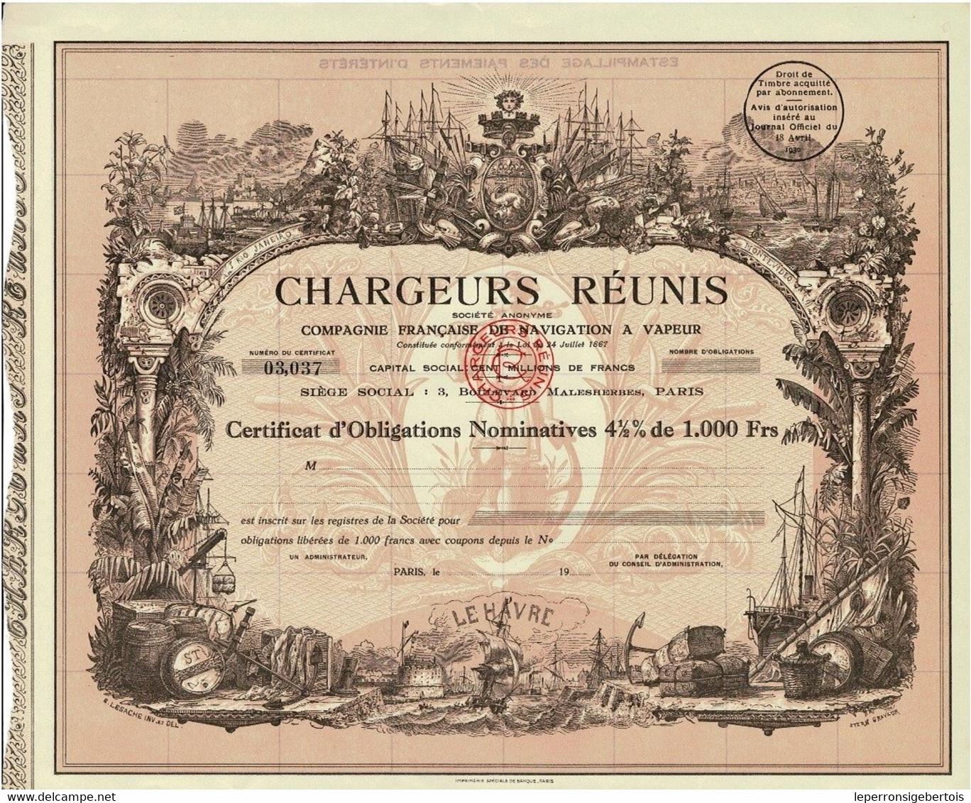 Obligation De 1930 - Chargeurs Réunis - Compagnie Française De Navigation à Vapeur - Déco - Uncirculed - Navegación