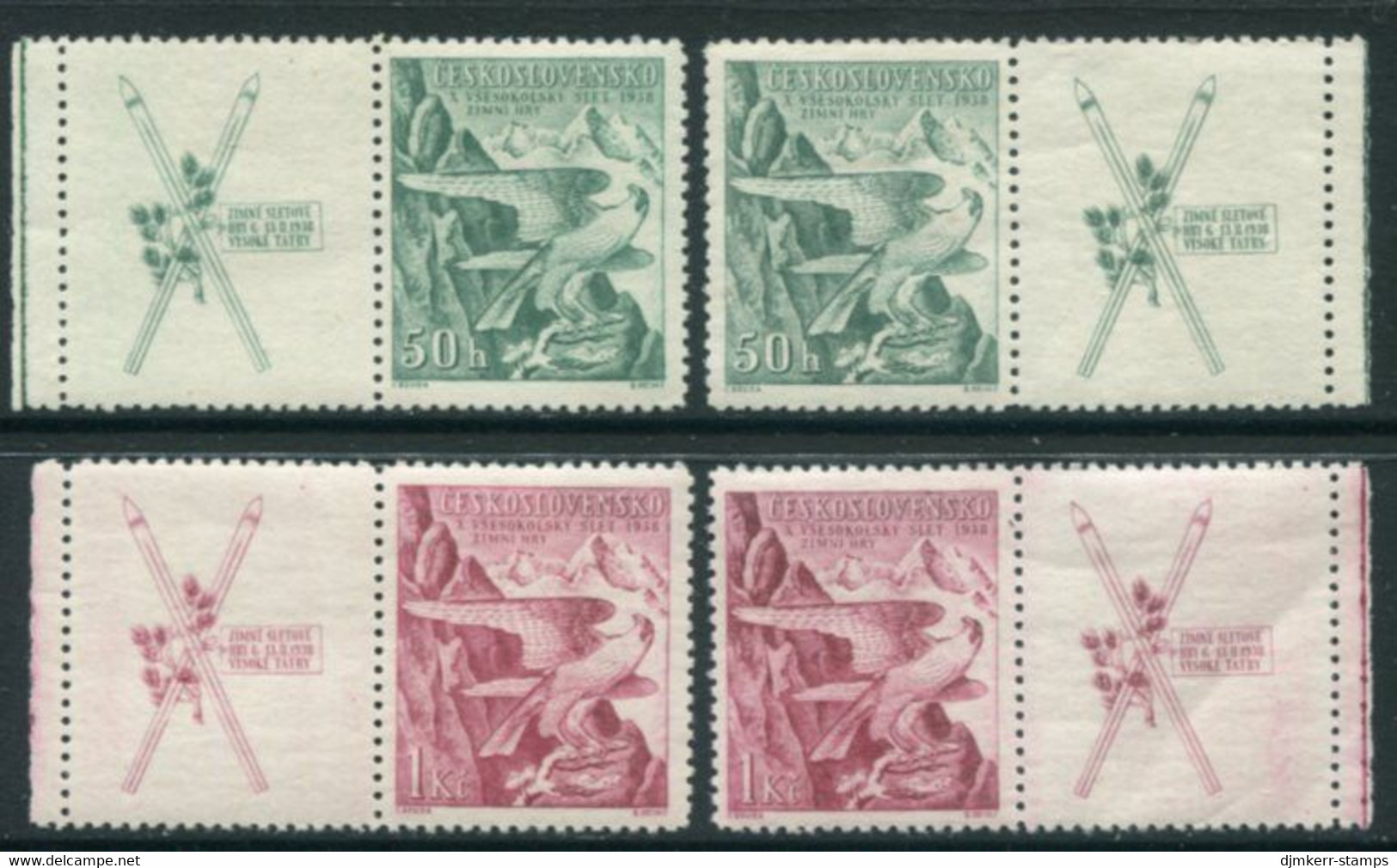 CZECHOSLOVAKIA 1938 Sokol Winter Games With Labels MNH / ** .  Michel 387-88 Zf X 2 - Ungebraucht