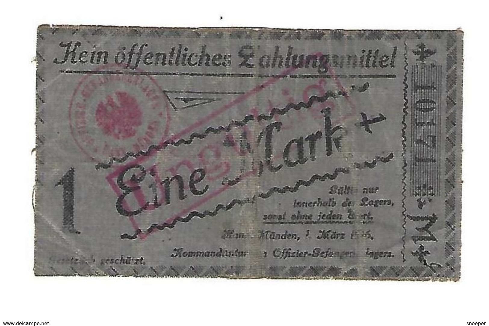 *germany Offizier Gefangenen Lager Hann. Munden 1 Mark M  1916  05.10.01 - Autres & Non Classés