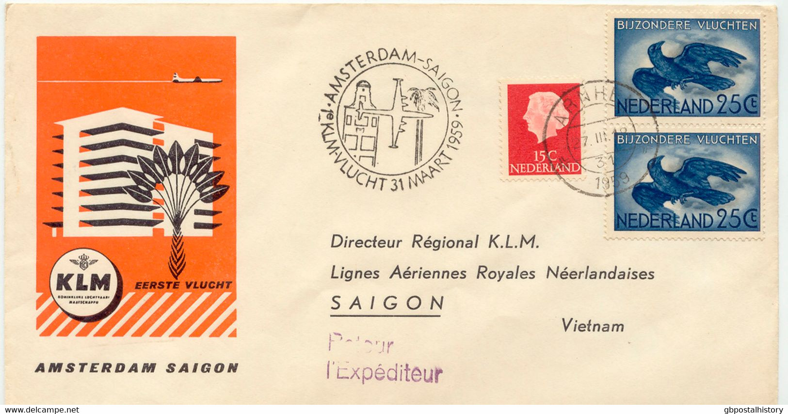 NIEDERLANDE 31.03.1959, KLM Selt. Pracht-Erstflug "Amsterdam - Saigon (Vietnam)" (DVH520a) - Posta Aerea