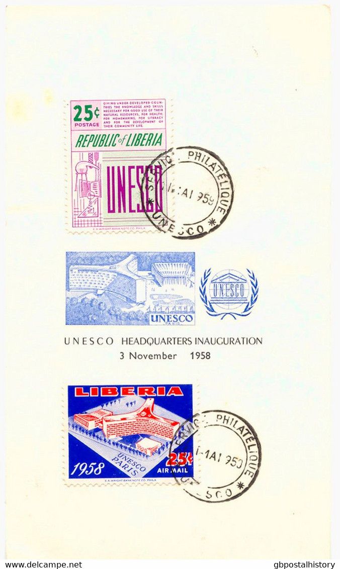 LIBERIA 1959, So.-Ausgabe Zur Eröffnung Des UNESCO-Palastes In Paris M. ESST Der UNESCO Auf Off. UNESCO-Geschenkkarte - Liberia
