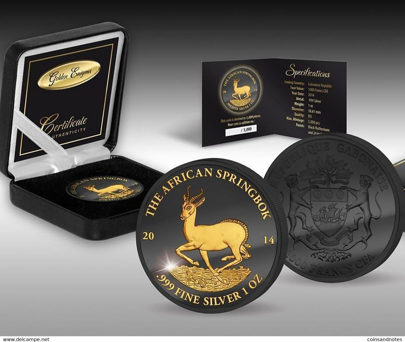 Gabon 2014 - Golden Enigma - 1 Troy Oz Silver Coin Gilded/Black Ruthenium Springbok - COA - Gabon