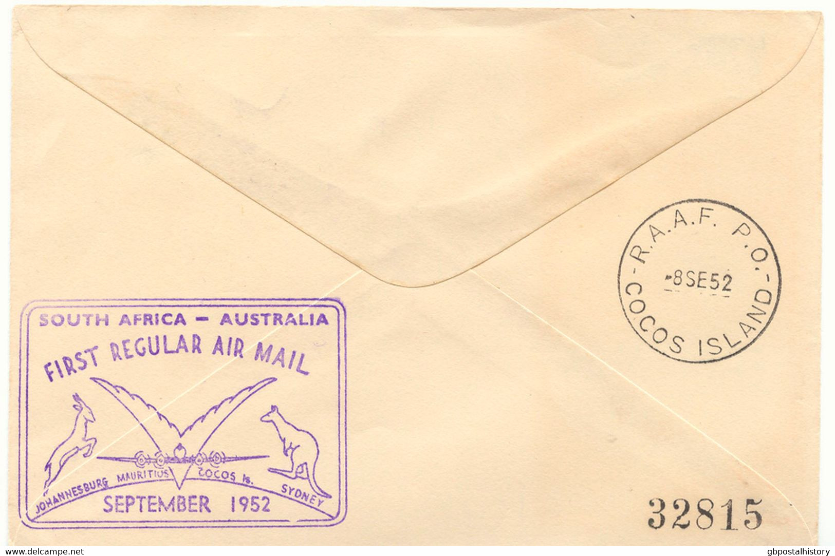 SÜDAFRIKA 1952 Mischfrankatur A. 3 Selt. Kab.-Erstflüge Der Qantas Empire Airways, Teilstrecken "JOHANNESBURG - COCOS IS - Airmail