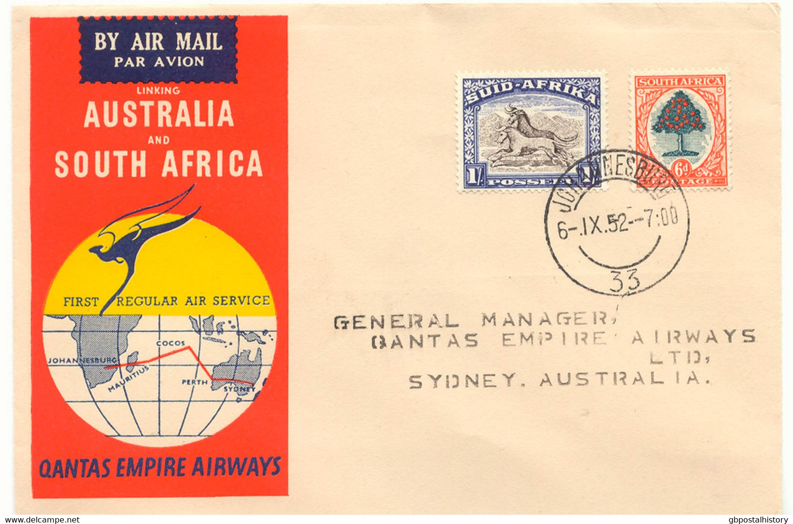 SÜDAFRIKA 1952 Mischfrankatur A. 3 Selt. Kab.-Erstflüge Der Qantas Empire Airways, Teilstrecken "JOHANNESBURG - COCOS IS - Posta Aerea