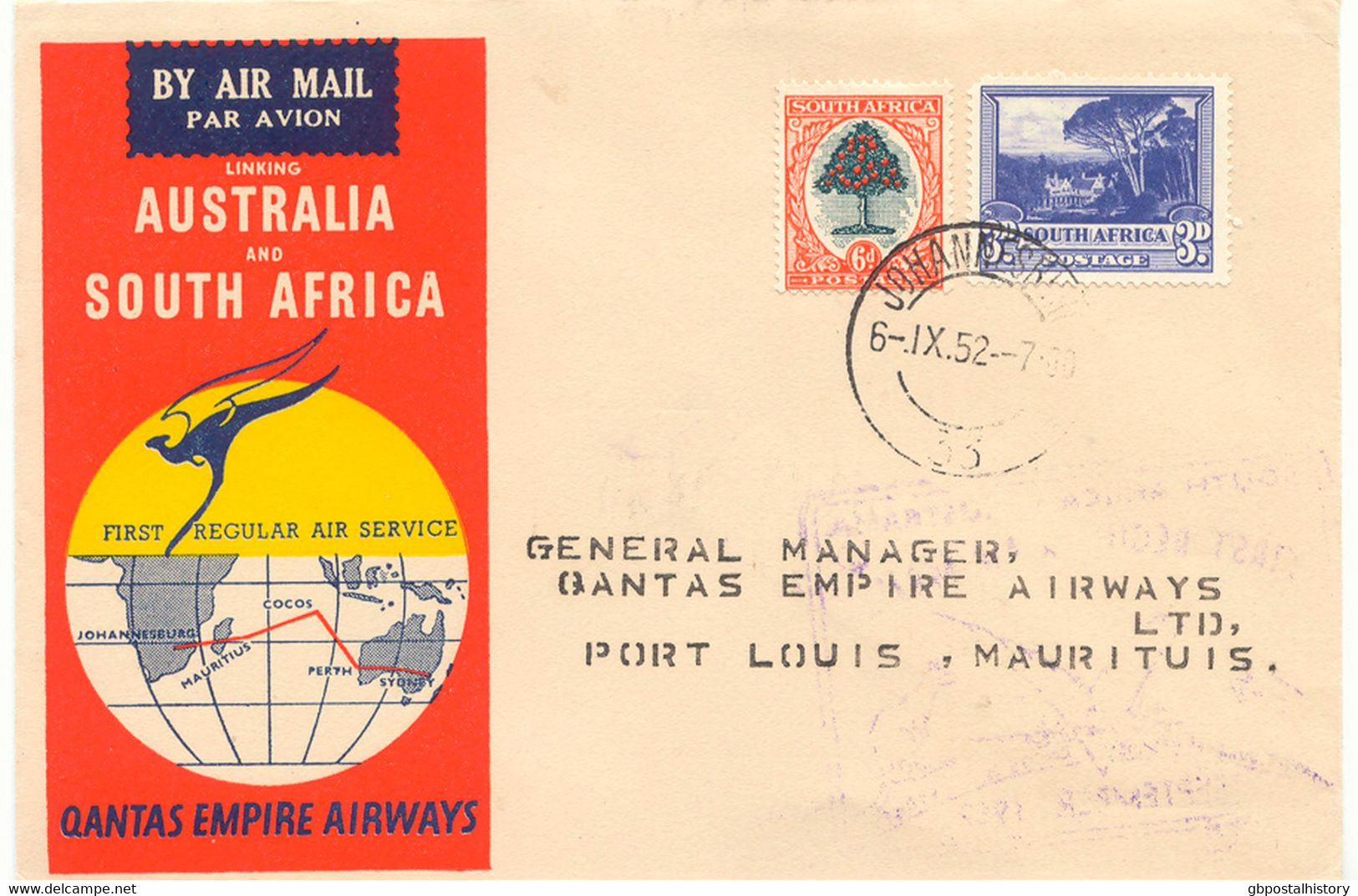 SÜDAFRIKA 1952 Mischfrankatur A. 3 Selt. Kab.-Erstflüge Der Qantas Empire Airways, Teilstrecken "JOHANNESBURG - COCOS IS - Posta Aerea