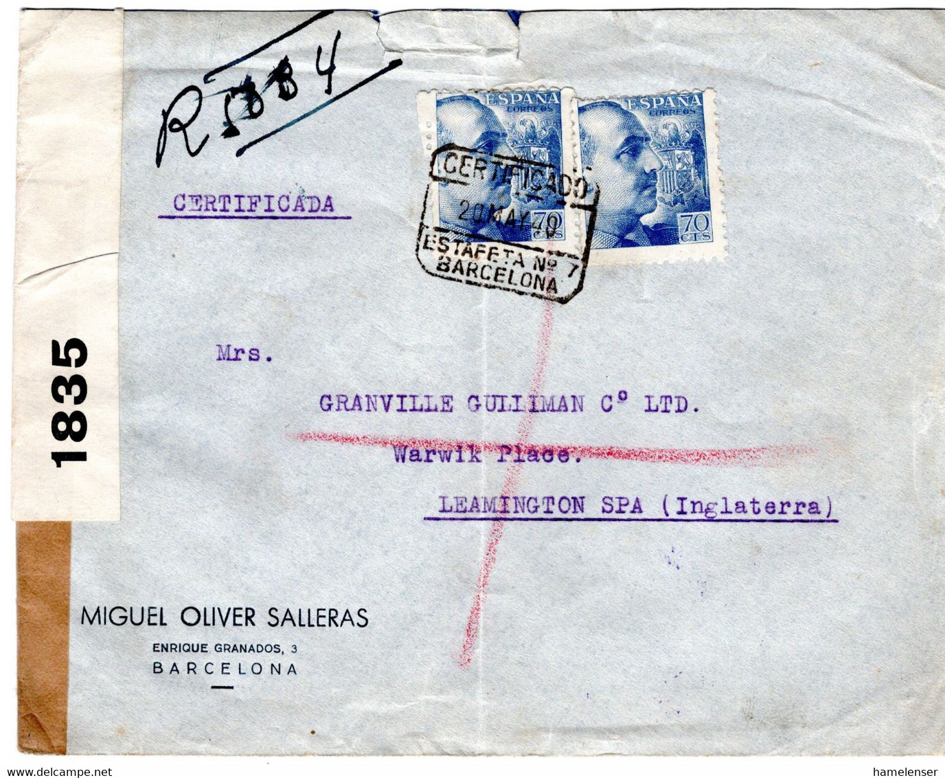 62479 - Spanien - 1940 - 2@70cts Franco A R-Bf BARCELONA -> Grossbritannien, M Span & Brit Zensur - Briefe U. Dokumente