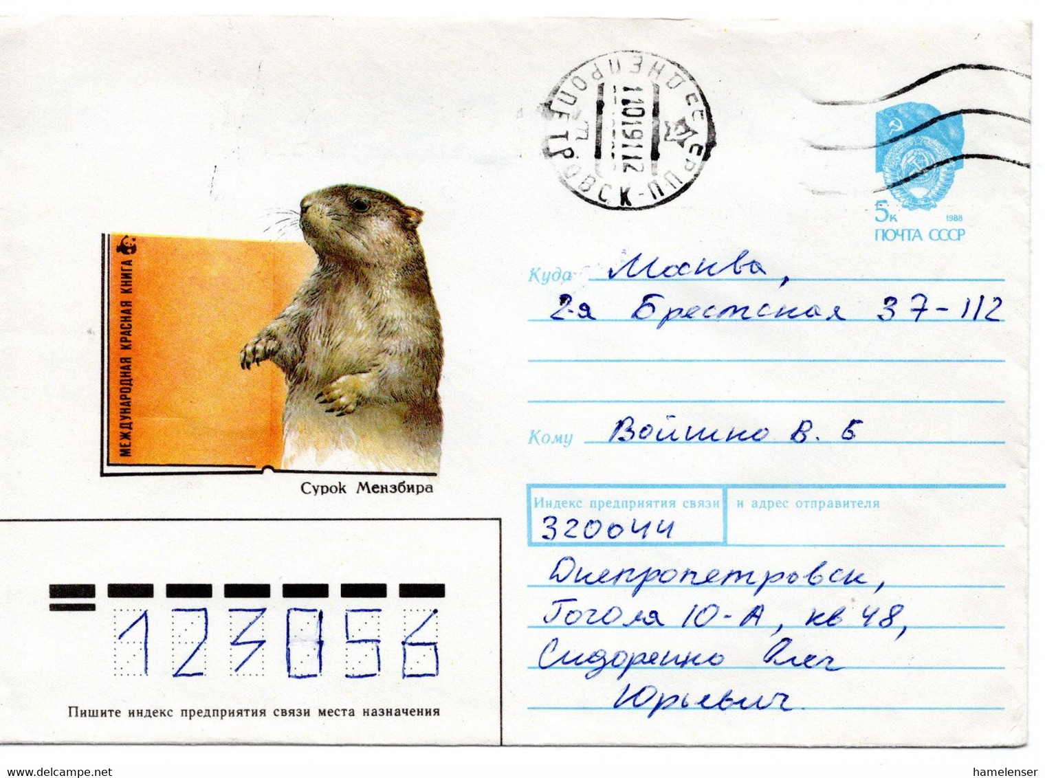 62482 - Russland / UdSSR - 1991 - 5K GAUmschlag "WWF / Menzbiers Murmeltier" DNEPROPETROVSK -> MOSKVA - Covers & Documents