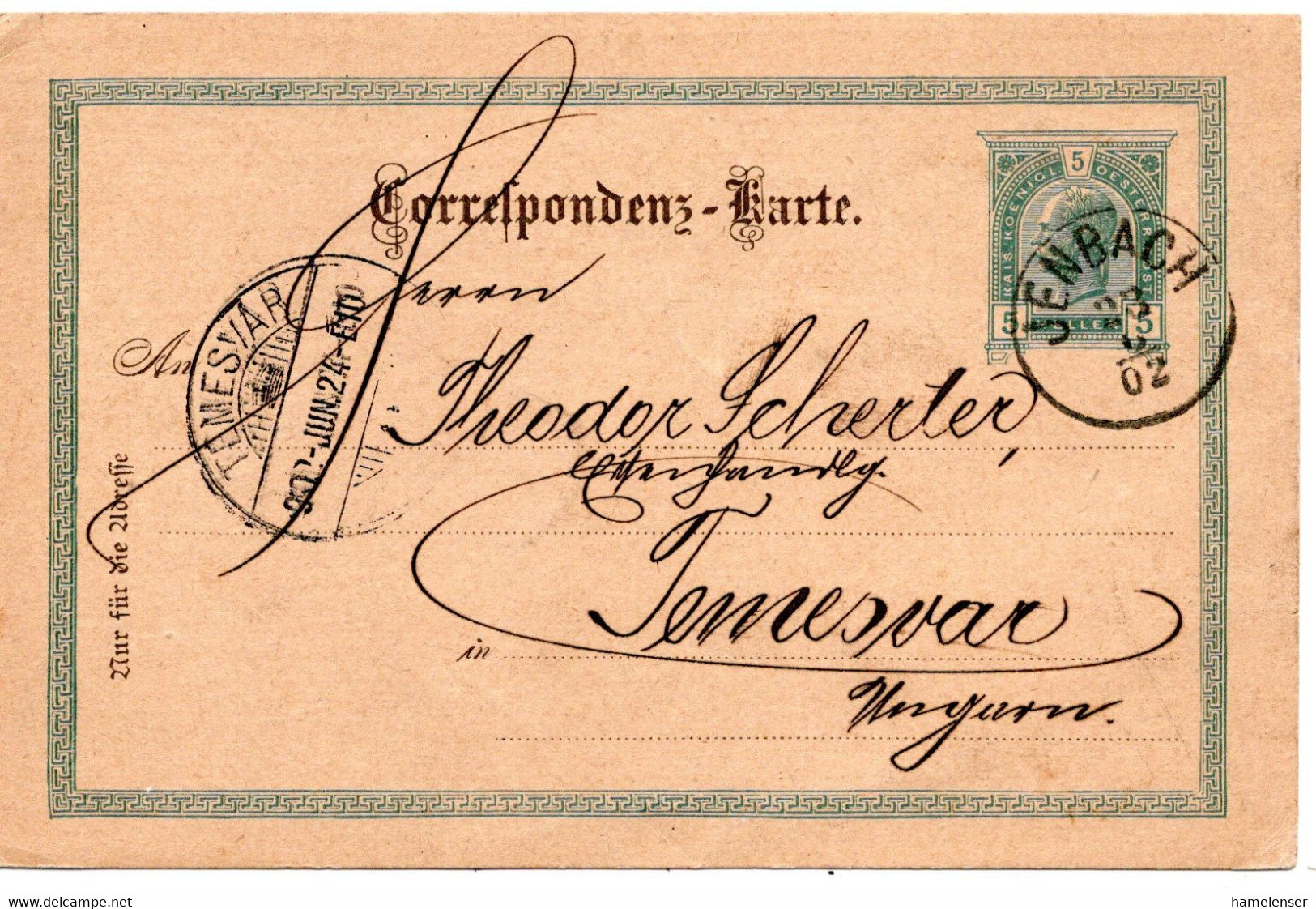62487 - Oesterreich - 1902 - 5H Franz-Josef GAKte JENBACH -> TEMESVAR - Brieven En Documenten