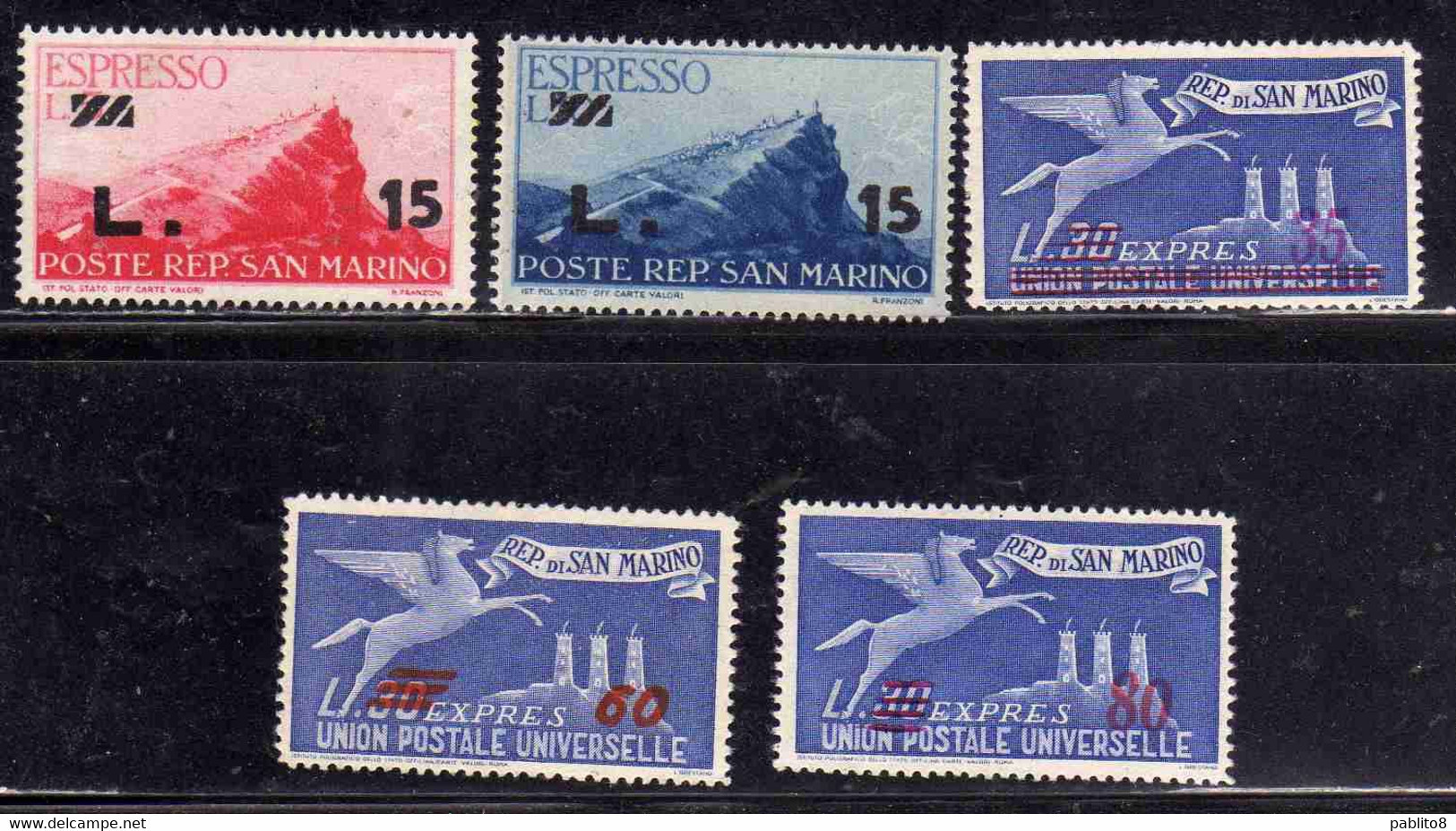REPUBBLICA DI SAN MARINO 1947 1948 ESPRESSI SPECIAL DELIVERY VIEW SURCHARGED ESPRESSO VEDUTA SOPRASTAMPATO SERIE MNH - Express Letter Stamps