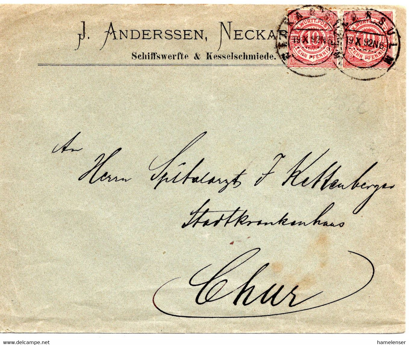62500 - Altdeutschland / Wuerttemberg - 1892 - 2@10Pfg Ziffer A Bf NECKARSULM -> CHUR (Schweiz) - Lettres & Documents