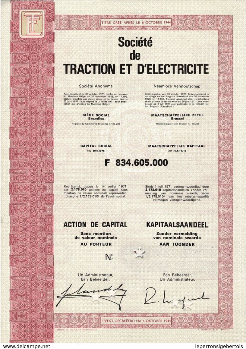 - Titre De 1971  - Société De Traction Et D'Electricité  - - Electricity & Gas