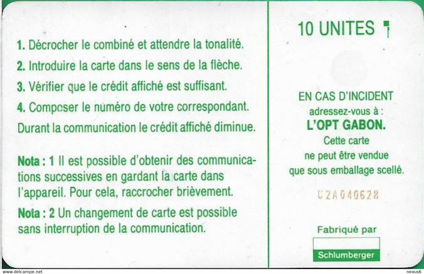 Gabon - OPT (Chip) - Logo (Green) - SC5 SB Afnor, Cn. C2A040628, 10Units, Used - Gabun