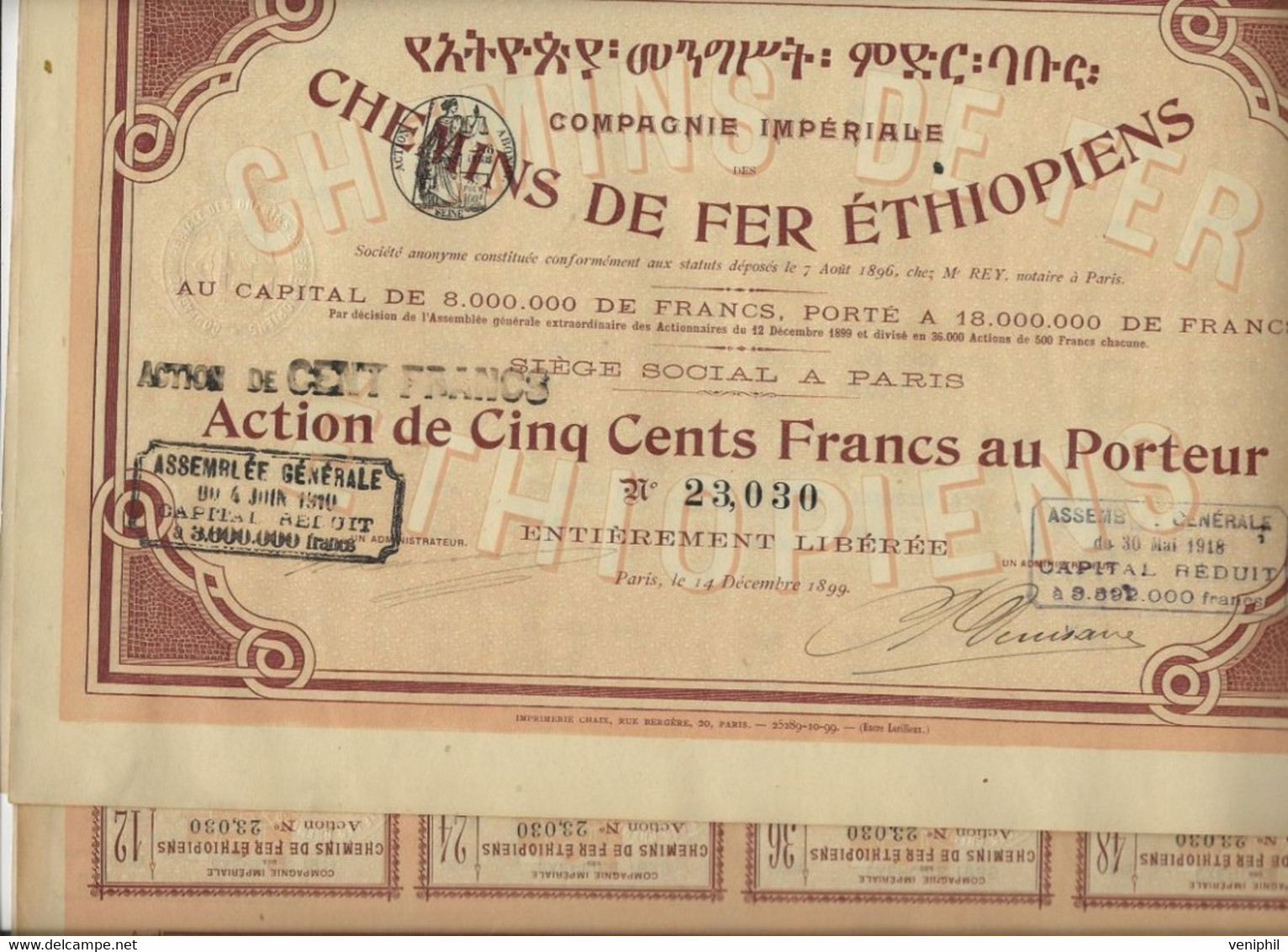 SUPERBE ACTION ILLUSTREE  DE 500 FRANCS -CHEMIN DE FER ETHIOPIENS -ANNEE 1899 - TTB - Chemin De Fer & Tramway