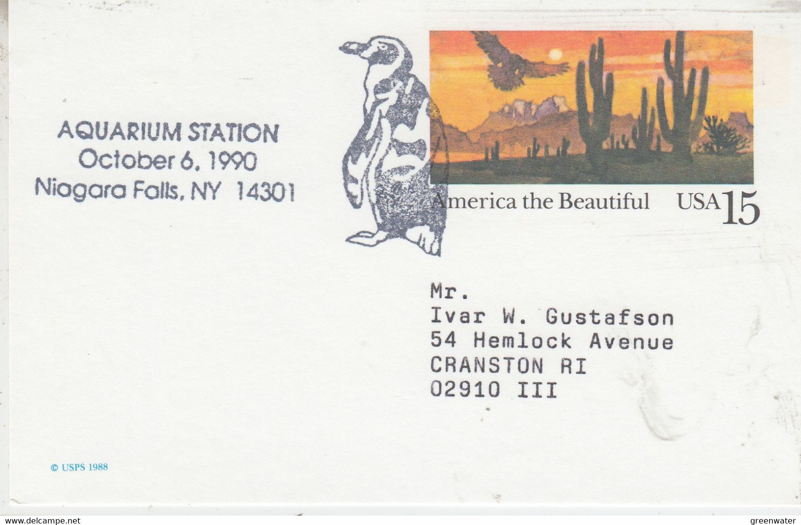 USA Postal Stationery Ca With Penguins Ca Aquarium Station Niagara Falls Oct 6 1990 (XA162) - Faune Antarctique