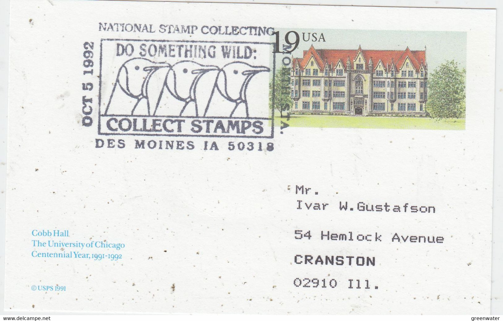 USA Postal Stationery Ca With Penguins Ca Des Moines OCT 5 1992 (XA162A) - Antarctic Wildlife