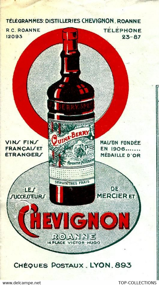 1940  DISTILLERIE ENTETE CHEVIGNON VINS FINS France ETRANGER à ROANNE Pour St Jean De Maurienne Savoie V .SCANS - 1900 – 1949