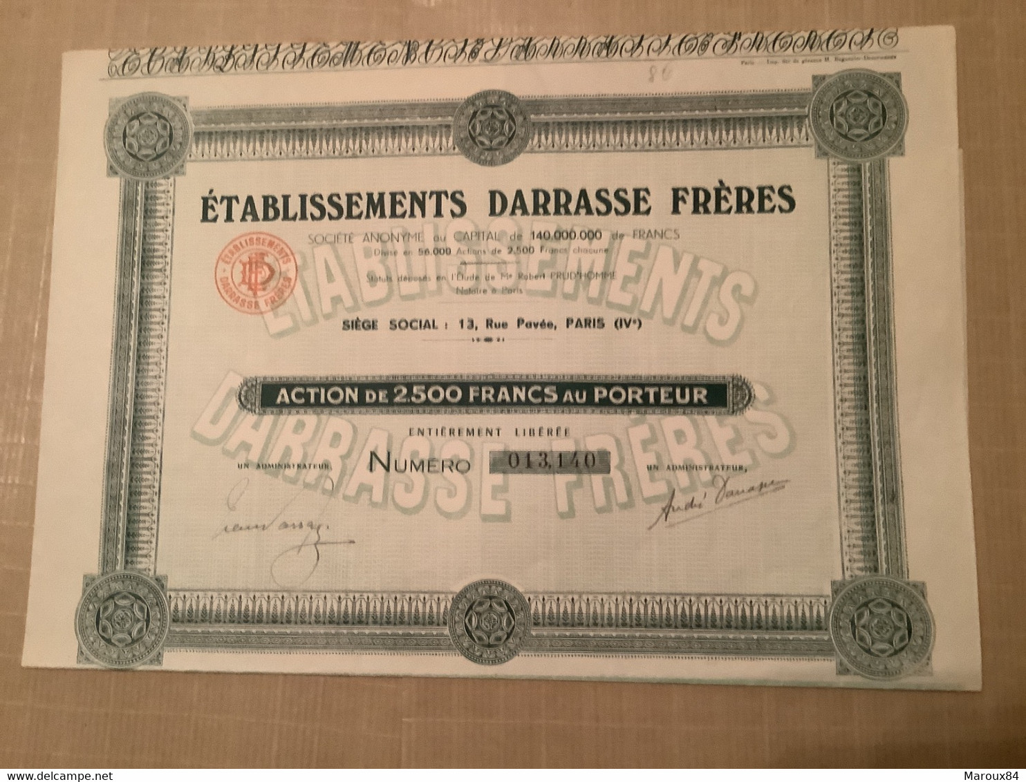 Ets Darrasse Frères Action De 2500. Francs Au Porteur - D - F